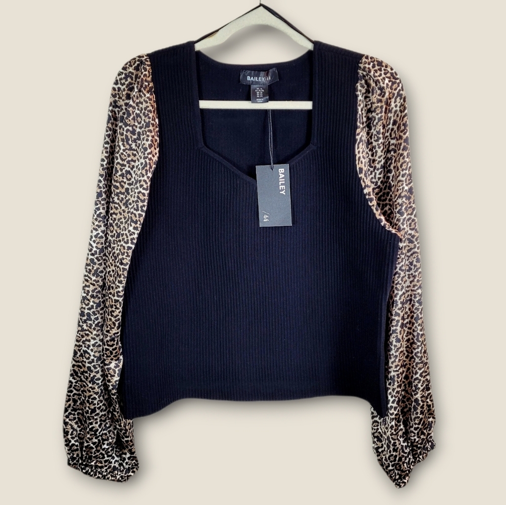NWT BAILEY 44 Black Rib Knit Satin Leopard Puff Sleeve Top Blouse XL